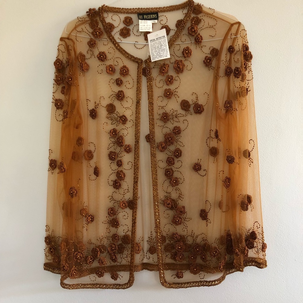 Sheer beaded sweater coverup Jacket crochet women’s copper s/m elegant dressy